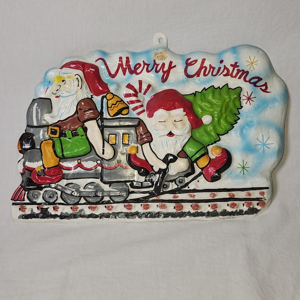 3D Molded Artform Wall Hanging Santa on Train Merry Christmas Decoration Vintage